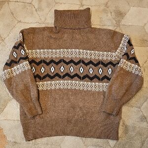 Olive & Oak Tan Turtleneck Sweater with Zigzag Pattern